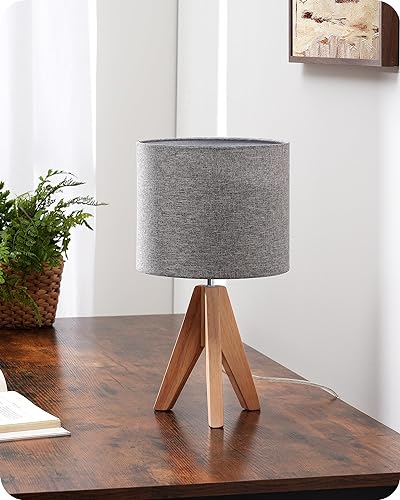 EDISHINE Tischlampe Vintage, Nachttischlampe Grau, Stativ Holz LED Tischleuchte, Retro Landhaus, E27 Fassung, Lampenschirm aus Leinen, für Deko Schlafzimmer, Wohnzimmer