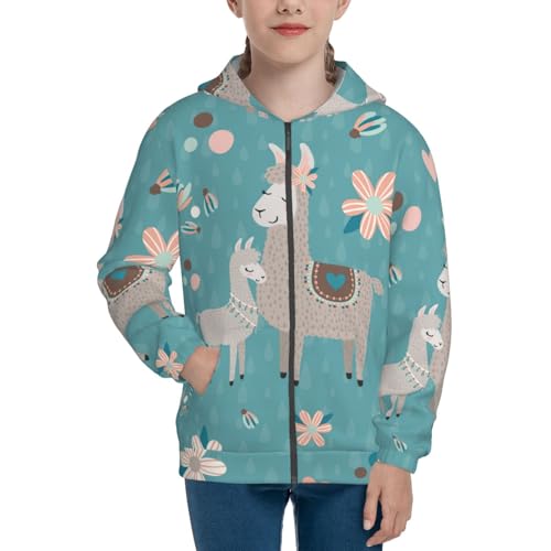 Teal Mama Llama Kid Hoodies Boys Zip Up Sweatshirts Girls Pullover with Pocket3