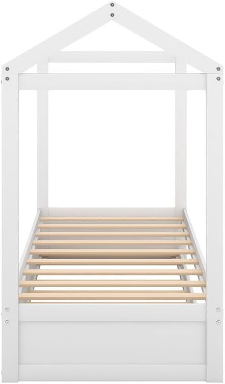 Twin Bed Frame with Trundle, Wooden Playhouse Platform Bed Twin Floor Bedframe with Roof, Can Be Decorated, Space Saving Design, No Box Spring Needed, White