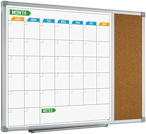 Lockways Monthly Calendar Dry Erase Whiteboard, 24" x 18" Magnetic Dry Erase/Cork Board Combination, Wall Calendar White Board for Drawing, Kitchen, Planning, Memo, School, Home, Office
