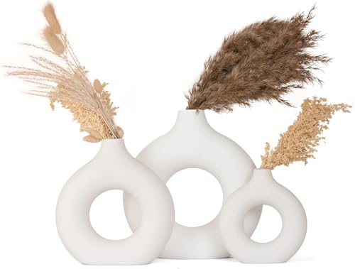 Image of Amazon Basics Hand Crafted Ceramic Donut Shaped Vase with Pampas Grass | for Unique Home Decor (Pack of 3), White