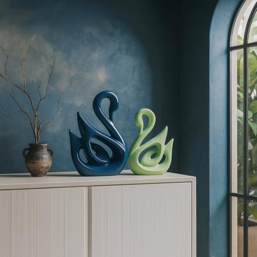Image of SRJANA Lucky Swan Couple Piano Finish Ceramic Figures for Home Decor (Set of 2 Pc, Large, Navy Blue & Parrot)