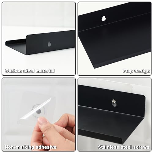 Jinsion Selbstklebend Kleines Wandregal Schwarz Metall 10x20x4cm,2pcs Schwebendes Mini Regal Badezimmer,Ohne Bohren Regal Wand Bad,Schweberegal Wandboard,Schmales Hängeregal Küche Tragkraft 10 Kg