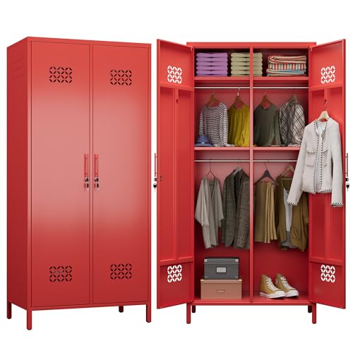 Image of Aobabo Metal Wardrobe Closet with 2 Doors, Metal Wardrobe Cabinet with 4 Adjustable Shelves and 2 Hannging Rods, Storage Locker for Home, Red, Assembly Required