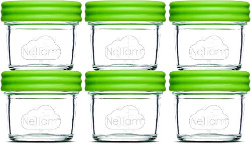 Nellam Baby Food Storage Containers - Leakproof, Airtight, Glass Jars for Freezing & Homemade Babyfood Prep - Reusable, BPA Free, 6 x 4oz Set, that is Microwave & Freezer Safe