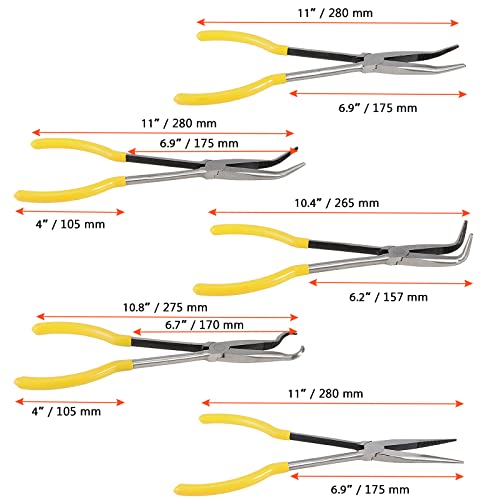 Sinjeun 5 Piece 11 Inch Long Reach Pliers Set, Long Nose Pliers Long Needle Nose Pliers Sets Includes Straight, 25 Degrees, 45 Degrees, 90 Degrees Angle And Round Pliers, Yellow Rubber Grip #TOP1