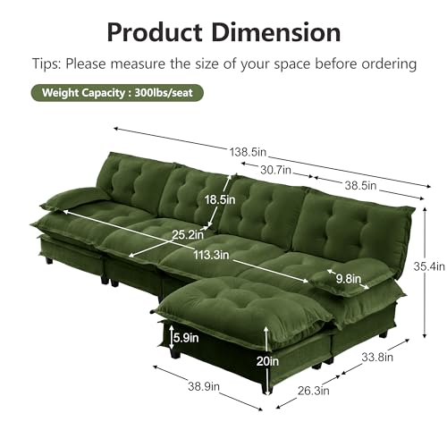 Image of 139 inch Sectional Sleeper Sofa with Ottoman, L Shaped Modular Deep Seat Couches for Living Room Apartment, Flexible Module Combination Cloud Sofa with Spring Support, Easy Assembly, Dark Green