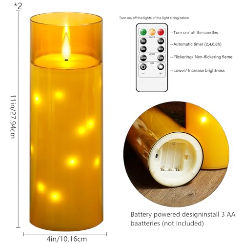 Image of kakoya 11 inch x 4 inch Large Outdoor Waterproof Flameless LED Candles with Remote and Timer,Acrylic Pillar Candles Battery Operated with Embedded Star String for Porch,Patio,Outdoor Decor,Set of 2(Gold)