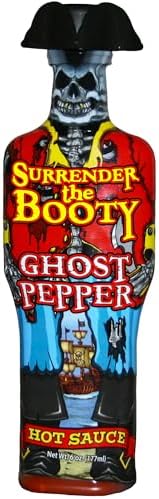Surrender the Booty Ghost Pepper Hot Sauce – Bhut Jolokia Extreme Gourmet Heat – Premium Novelty Pirate Gift Bottle – Hot Sauce Challenge – 5oz