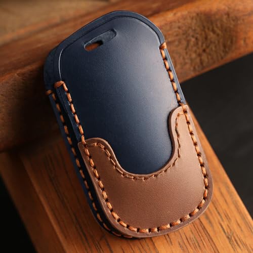 Image of Keyzone Dual Leather Key Cover for Thar, Scorpio, Bolero, XUV700, XUV400, XUV300, TUV300, Marazzo 3 Button flip Key (Push Button Start Models only) (Blue-Brown)