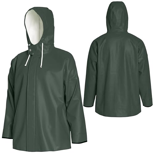 NAVIS MARINE Menâ€™s Commercial Fishing Jacket - 0.70mm PU Waterproof Heavy-Duty Rain Gear with Adjustable Hood(Jacket-Dark Green,L)