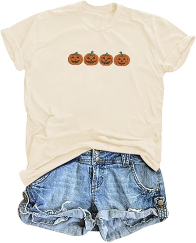 Embroideried Fall Halloween Shirts Women Ghost Cat Spooky Season Shirt Vintage Fall Pumpkin Graphic Tee Tops2