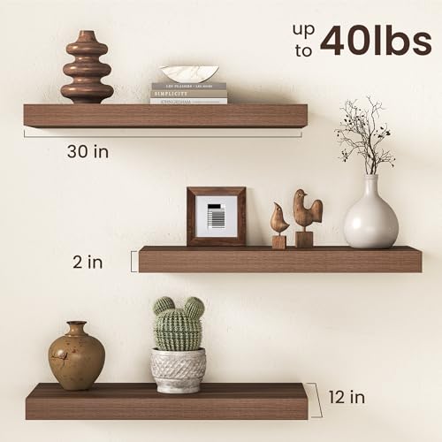 Image of 30Inch Walnut Floating Shelves for Wall, 12 Inch Deep Shelves for Bedroom, Kitchen, Bathroom Wall Mounted, Rustic Wood Floating Shelf with Invisible Brackets for Books, Storage, Decor, 2 Packs