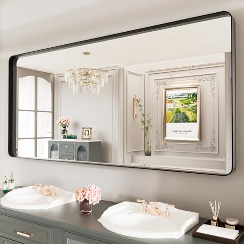 LOAAO 77X36 Inch Black Metal Framed Bathroom Mirror for Wall, Matte Black Bathroom Vanity Mirror Farmhouse, Large Rounded Rectangle Mirror, Anti-Rust, Tempered Glass, Hangs Horizontally or Vertically