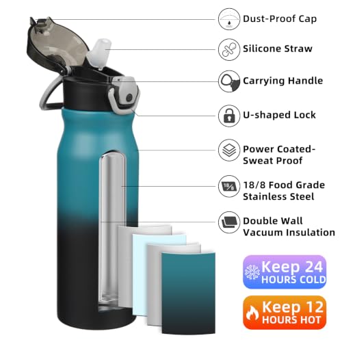 Image of BJPKPK 25 oz Insulated Water Bottle, Straw, Handle, Stainless Steel Flask | Leak Proof Locking Lid, Thermal, Double Wall Vacuum, Keeps Hot /Cold, Dishwasher Safe, Travel & Sports, Indigo Black