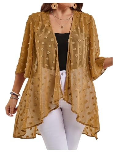 OYOANGLE Women\'s Plus Size Lace Sheer Open Front Cardigan Lightweight 3/4 Sleeve Ruffle Kimono Outerwear Brown 4X-Large Plus