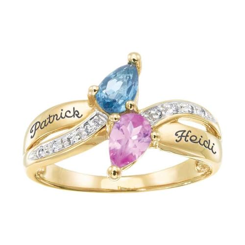 10K 14K 18K Gold Mothers Ring Personalized 2 Name Ring for Women Customized 2 Teardrop-Shaped Birthstones Engrave Any Names Jewelry for Mother’s Day Family Mom Grandma Wife Her