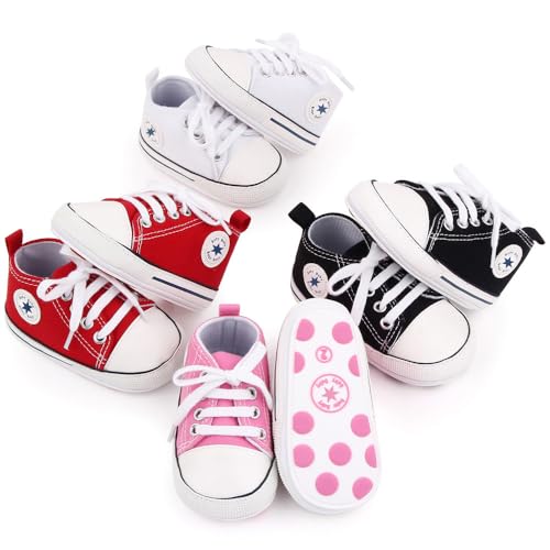 Image of Unisex Baby Girls Boys Canvas High-top Shoes, Newborn Infant Anti-Slip Soft Sole Frist Walking Breathable Sneakers