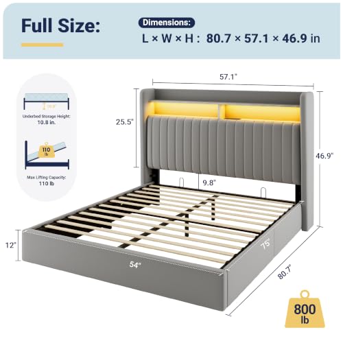 Image of Allewie Full Size Lift Up Storage LED Bed Frame, Charging Station, Grey