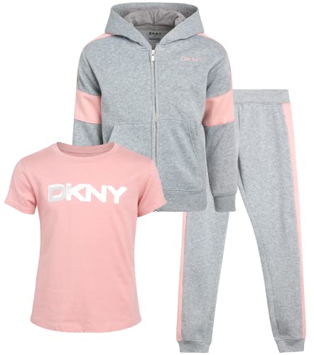 Dkny Girls 3-Piece Athletic Fleece Zip Sweatshirt Hoodie And Jogger Set, Size 7, Light Grey Heather #TOP4