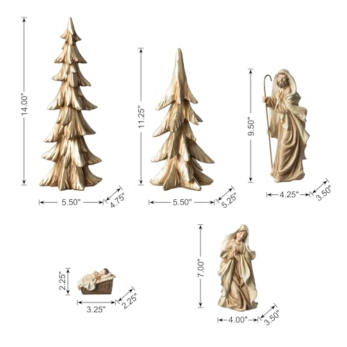 Image of Glitzhome Set of 5 Gold Christmas Tabletop Scenes, 2 Christmas Table Trees with Holy Family - Joseph, Mary, Baby Jesus Nativity Figurines Sets for Xmas Indoor Mantel Shelf Decor, Home Accents