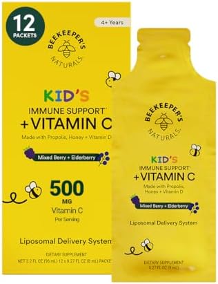 Kid’s Immune Liposomal Vitamin C by Beekeeper’s Naturals, 500 mg Vitamin C, Elderberry, Vitamin D, Propolis & Honey, Kid-Friendly Immune Support – Mixed Berry Flavor, Easy to Use, Bioavailable, 12 Ct