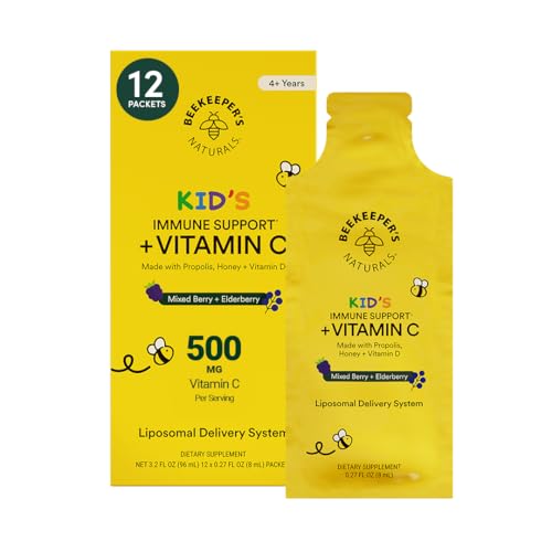Kid's Immune Liposomal Vitamin C by Beekeeper's Naturals, 500 mg Vitamin C, Elderberry, Vitamin D, Propolis & Honey, Kid-Friendly Immune Support - Mixed Berry Flavor, Easy to Use, Bioavailable, 12 Ct