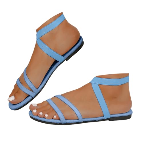 Xbemkste Sandali piatti da donna, casual, alla caviglia, elasticizzati, estivi, con cinturino a croce, comodi, piatti, per il tempo libero, Celeste., 37 EU