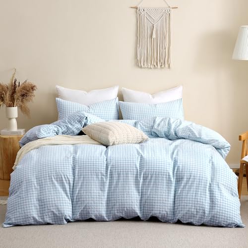 Image of TOCOMOA Sky Blue Gingham Duvet Cover Bedding Set 100% Washed Cotton Like Linen Feel Super Soft Comfy 3 Piece Vintage Plaid Checkered Comforter Cover Set (Queen 90 inchx90 inch, Comforter Not Included)
