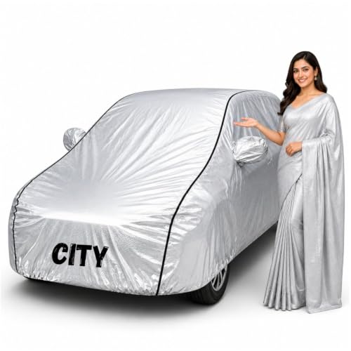 Image of Waterproof Car Body Cover for City All Weather Protection Comes with Inner Cotton Lining & Triple Stitched with Mirror & Antenna Pocket Belt & Elastic Fit Metallic Silver with Black Piping