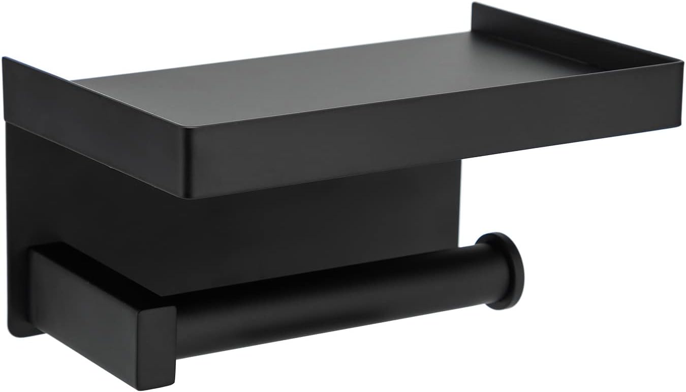 Toprema Toilet Paper Holder Tissue Roll Hanger with Shelf SUS304 Stainless Steel Matte Black Bathroom Lavatory Hardware Wall Mount Adhesive