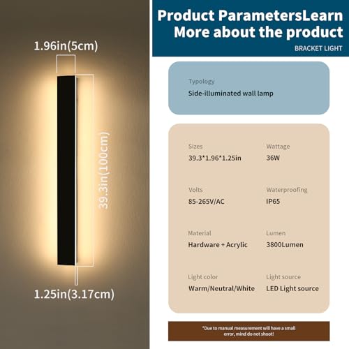 Image of 2 Pack 39.3inch Modern Outdoor Wall Sconce, 3 CCT 3000K /4500K /6000K, IP65 Waterproof Long Strip Exterior Light, 36W, Black Outside Garden Lighting for Porch, Patio, Fence, Yard