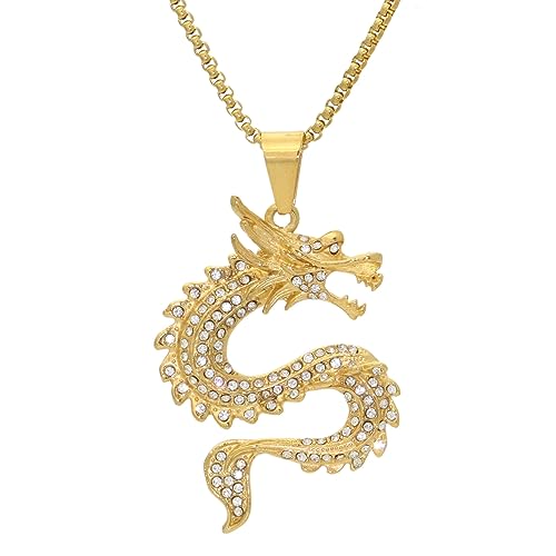 Hip Hop Iced Out Jewelry Stainless Steel Dragon Pendant Necklace
