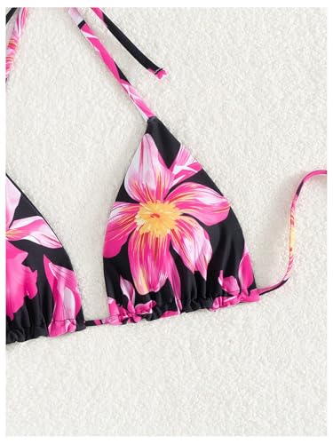 Verdusa Women's Reversible Floral Print Triangle Halter Bikini Tops Tie Backless Swimwear Top Black and Hot Pink Small