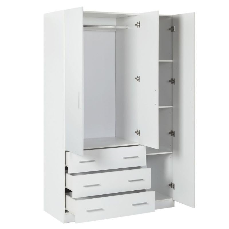 Buyqualia Armario Ropero Blanco 200x120x58 cm con 3 Puertas y 3 Cajones – Armario de Dormitorio Amplio y Funcional