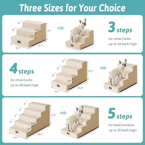 Image of COZY KISS Dog Stairs for Small Dogs 17.7 inch H, 5-Step Gentle Incline Pet Step for Couch and Beds, Right-Angle Dog Ramp for Puppy Doggie Senior Cats, 17.7x29.5x17.7 Inch, Beige