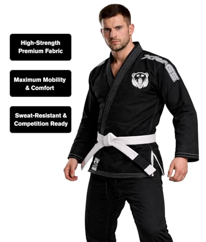 X RAGE Bear Premium BJJ Gi – 450g Lightweight Cotton, Durable & Easy to Wash – Brazilian Jiu Jitsu Uniform (Black, A3)