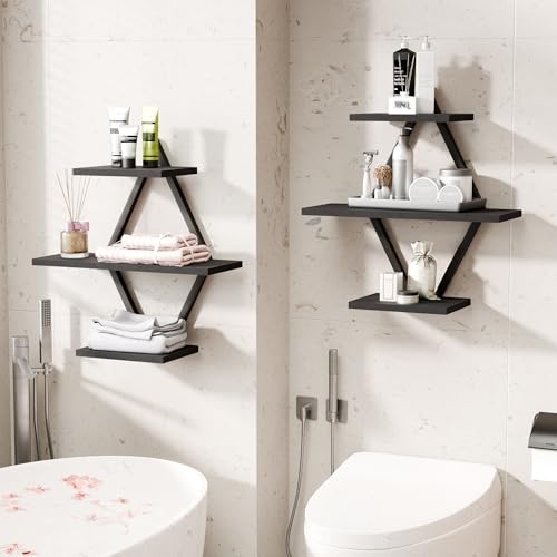 Image of Floating Shelves, Wall Shelf Set of 2, Wall Mounted Shelves, 3-Tier Hanging Wall Shelves for Bathroom, Living Room, Bedroom, Kitchen, Office (Black)