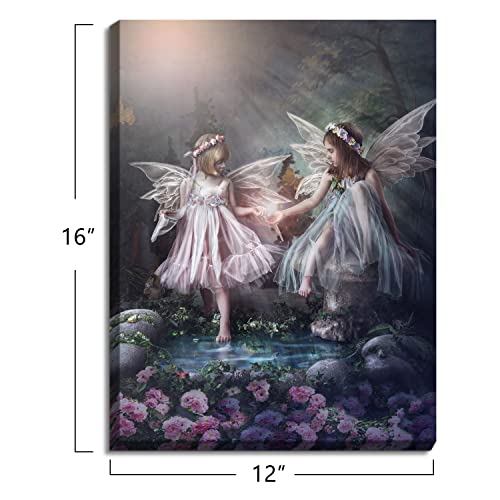 Soothan Fantasy Wall Art Two Angels In Forest Garden Picture Poster Beautiful Pink Flowers Painting Magical Forest Canvas Prints For Girls Bedroom Nursery Decor Unique Gift For Daughter 12"X16" Framed #TOP1
