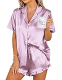 Ekouaer Silk Pajamas Womens Short Sleeve Sleepwear 2 Piece Satin Pjs Shorts Set Button Down Loungewear Striped Purple M