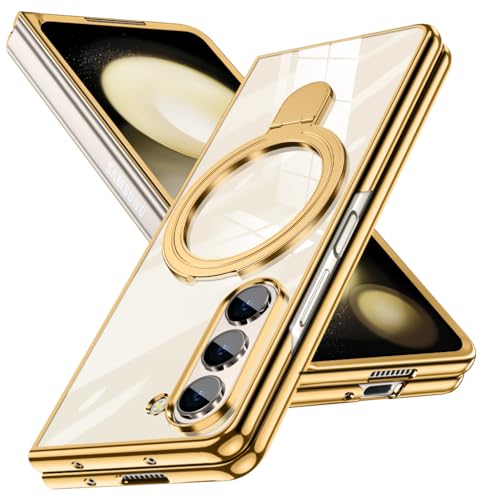 Galaxy Z Fold5 用 ケース リング付き クリア メッキ加工 耐衝撃カバー スタンド機能 車載ホルダー対応 PC 透明 軽量 電気メッキ 折りたたみ おしゃれ 一体型 ワイヤレス充電 ハード ギャラクシーZ フォールド5 SC-55D / SCG22 用 スマホケース 金 JP11-3