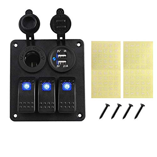 CT-CARID Barco RV 3 Gang LED Panel de interruptor basculante Impermeable Dual USB Disyuntor Puerto Cargador Adaptador de bolsillo de energía para automóvil marino (Azul)