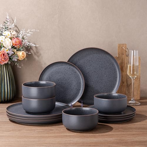 LERATIO Stoneware Dinnerware Sets for 4,Handcarft Ceramic Plates and Bowls Sets,Chip and Scratch Resistant Dishes, Dishwasher & Microwave Safe, Oven safe,Reactive Glaze-Speckled Ashen