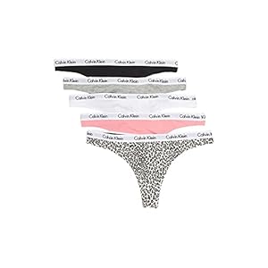 Calvin-Klein-Womens-Contrasting-Elasticized-Logo-Waistband-Soft-for-Comfort Calvin Klein Women's Carousel Logo Cotton Stretch Thong Panties, 5 Pack, Black/Grey Heather/White/Tickled Pink/Exquisite Leopard-Whisper White, Small