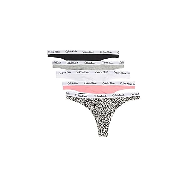 Calvin-Klein-Womens-Contrasting-Elasticized-Logo-Waistband-Soft-for-Comfort Calvin Klein Women's Carousel Logo Cotton Stretch Thong Panties, 5 Pack, Black/Grey Heather/White/Tickled Pink/Exquisite Leopard-Whisper White, Small