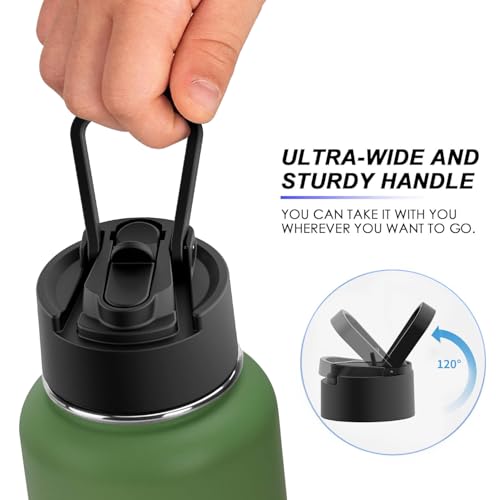 Image of Koodee 32 oz Water Bottle with Wide Handle Straw Lid, Vacuum Insulated 18 /8 Stainless Steel Wide Mouth Flask (Grass Green)