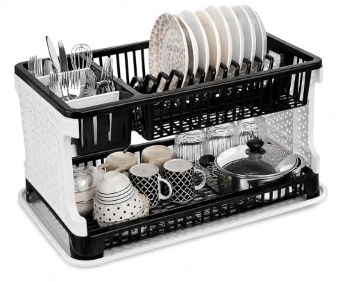 Image of JD FRESH 2 Tier Dish Drying Rack for Kitchen /Plastic Foldable Cutlery Holder for Countertop Rack /Compact Size Utensil Drainer Organizer with Water Tray /Space Saving Plate Stand (Black)