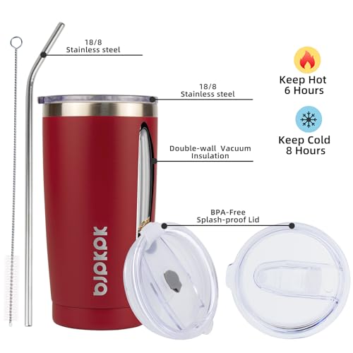 Image of BJPKPK 20oz Coffee Tumbler with Lid & Straw, Insulated Stainless Steel Mug | Double Wall Vacuum, Keeps Hot /Cold, BPA Free, Leak Proof, Iced Coffee Cup Fit Car Holder, Travel & Beach, Red