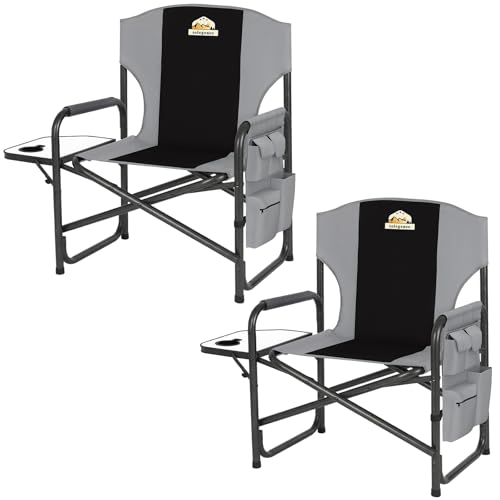 Colegence Oversized Directors Camping Chair Set of 2 Support 600 LBS, Heavy Duty Folding Outdoor Chairs with Detachable Side Pocket and Adjustable Side Table for Outside Beach,Lawn,Fishing (Black)
