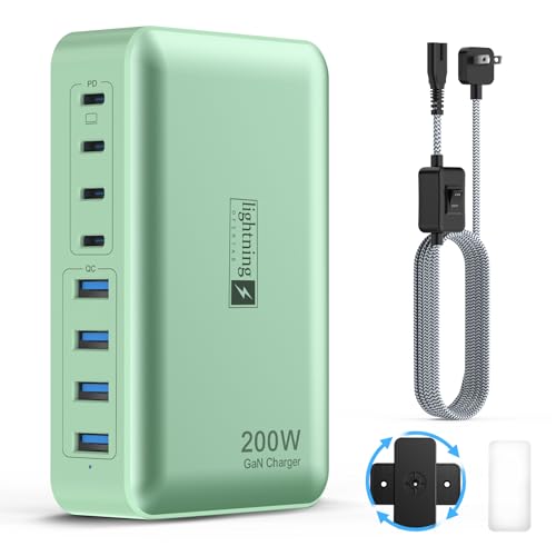 8-Port Multiple Charger Station 200W with Flat Plug, Braided Power Cord, and On/Off Switch- USB Charging Hub for iPhone, iPad, MacBook and More- 65W C Port Power Adapter for Laptops